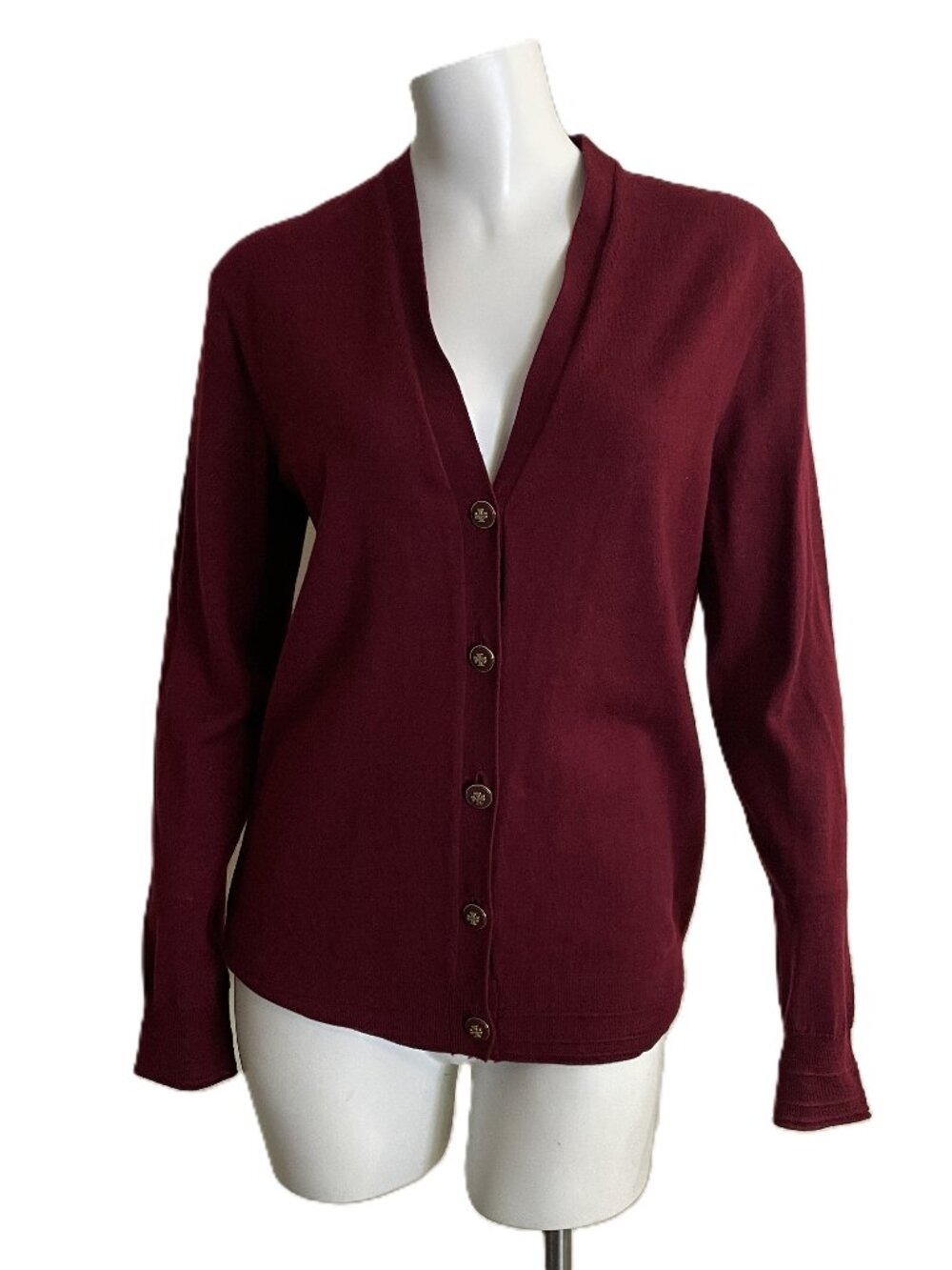 Tory Burch Merino Wool Madison Cardigan S Logo Button V-Neck Sweater Red Agate